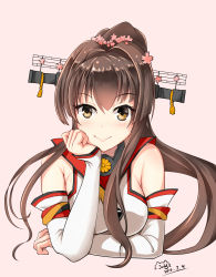 Rule 34 | 10s, 1girl, bad id, bad pixiv id, bare shoulders, brown eyes, brown hair, cherry blossoms, dated, detached sleeves, flower, hair flower, hair ornament, head rest, headgear, highres, kantai collection, long hair, looking at viewer, ponytail, smile, solo, very long hair, yamato (kancolle), zhudacaimiao