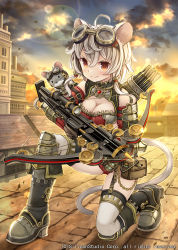 Rule 34 | 1girl, age of ishtaria, ahoge, animal ears, armor, armored boots, arrow (projectile), bag, boots, bow (weapon), breasts, building, chain, cleavage, company name, copyright notice, crossbow, garter straps, goggles, goggles on head, hair between eyes, highres, holding, holding weapon, long hair, looking at viewer, medium breasts, mouse (animal), mouse ears, namaru (summer dandy), official art, on one knee, orange eyes, silver hair, smile, solo, sparkle, steampunk, sunset, thighhighs, toki no ishutaria, twintails, weapon, white thighhighs, yellow eyes