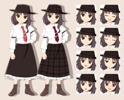 Rule 34 | 4rion, absurdres, black headwear, black skirt, boots, bow, brown eyes, brown footwear, brown hair, closed eyes, closed mouth, collared shirt, commentary request, expressions, fedora, flat chest, frilled skirt, frills, full body, ghostly field club, hair bow, hat, highres, long sleeves, medium hair, necktie, open mouth, plaid, plaid headwear, plaid skirt, red necktie, shirt, short hair, skirt, sleeve garter, standing, tachi-e, tie clip, touhou, usami renko, white bow, white shirt