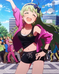 Rule 34 | 10s, 1girl, ^ ^, arm up, armpits, bare shoulders, blue sky, breasts, cloud, dancing, day, earrings, closed eyes, green hair, idolmaster, idolmaster million live!, jewelry, medium breasts, navel, necklace, official art, open mouth, shimabara elena, shorts, sky, smile, solo focus, wristband