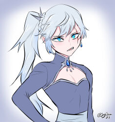 Rule 34 | 1girl, blue eyes, braid, cleavage cutout, clothing cutout, commentary, crystal earrings, derivative work, earrings, english commentary, flat chest, gradient background, grey hair, hand on own hip, highres, jewelry, long hair, rwby, scar, scar across eye, side ponytail, signature, solo, sytokun, weiss schnee