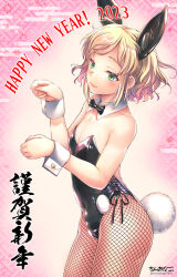 Rule 34 | 1boy, 2023, animal ears, artist name, black bow, black bowtie, black leotard, blonde hair, blush, bow, bowtie, bulge, chinanago, chinanago7010, chinese zodiac, collarbone, covered navel, cowboy shot, detached collar, fishnet pantyhose, fishnets, floral background, from side, green eyes, happy new year, highres, leotard, male focus, nengajou, new year, original, pantyhose, patterned background, paw pose, pink background, playboy bunny, rabbit ears, rabbit tail, short hair, signature, smile, solo, tail, trap, twitter username, wrist cuffs, year of the rabbit
