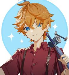 Rule 34 | 0jae, 1boy, aged down, ahoge, blue background, blue eyes, buttons, closed mouth, collared shirt, commentary, crossed bangs, earrings, genshin impact, hair between eyes, hand up, highres, holding, jewelry, looking at viewer, male focus, orange hair, red shirt, shirt, short hair, short sleeves, single earring, smile, solo, sparkle, star (symbol), tartaglia (genshin impact), two-tone background, upper body, v-shaped eyebrows, white background