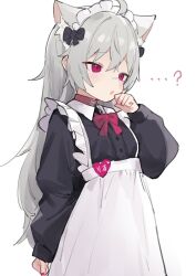 Rule 34 | ...?, 1girl, animal ear fluff, animal ears, apron, bandaid, bandaid on face, bandaid on nose, black shirt, bow, bowtie, character name, collar, dress shirt, extra ears, fenrir (fenriluuu), grey hair, highres, long hair, long sleeves, maid, maid apron, maid headdress, name tag, open mouth, original, red bow, red bowtie, red eyes, rir-chan, shirt, simple background, white apron, white background, wolf ears, wolf girl