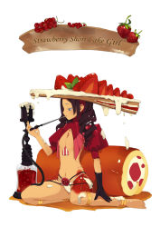 Rule 34 | 1girl, blue eyes, brown hair, food, food as clothes, food focus, food-themed clothes, fruit, hookah, original, personification, smoking pipe, solo, strawberry, tako ashin