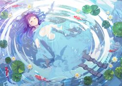 Rule 34 | 1girl, absurdres, afloat, closed eyes, cross-laced footwear, dress, hair spread out, highres, koi, long hair, nap on a cloud, original, purple hair, ripples, sandals, water lily flower, white dress