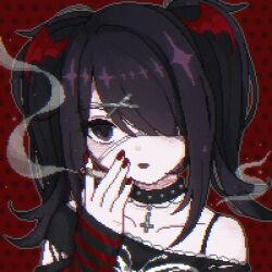 Rule 34 | 1girl, alternate costume, ame-chan (needy girl overdose), bare shoulders, black choker, black hair, black shirt, choker, cigarette, commentary, cross, cross choker, demon wings, emo fashion, hair ornament, hair over one eye, hand up, highres, holding, holding cigarette, long hair, looking at viewer, nail polish, needy girl overdose, outline, penciloao, pixel art, red background, red nails, red wings, shirt, smoke, solo, symbol-only commentary, twintails, upper body, wings, x hair ornament