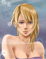 Rule 34 | 1girl, arms at sides, aya brea, bare arms, bare shoulders, blonde hair, blue eyes, breasts, bullet hole, closed mouth, cojirooooo, collarbone, copyright name, female focus, hair between eyes, lips, long hair, looking at viewer, medium breasts, naked towel, neck, parasite eve, purple towel, serious, shower (place), solo, towel, upper body, wet