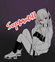Rule 34 | 1girl, arm up, blush, character name, full body, girls&#039; frontline, hand in pocket, headset, highres, jacket, long hair, looking at viewer, m4 sopmod ii (girls&#039; frontline), multicolored hair, on floor, open mouth, p220 31495, red eyes, shoes, simple background, sitting, sneakers, socks, solo, streaked hair, white footwear