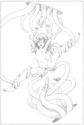 Rule 34 | 1girl, anus, barefoot, breasts, censored, completely nude, full body, greyscale, harumachi nagaaki, highres, monochrome, nipples, nude, original, penis, pussy, simple background, spread legs, spread pussy, suspension, tears, tentacles, white background