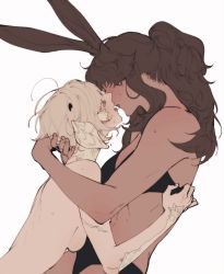 Rule 34 | 2girls, after kiss, animal ears, au ra, black bra, black hair, black panties, blonde hair, blush, bra, breasts, clothed female nude female, clothes grab, couple, dark-skinned female, dark skin, dragon horns, duckchuni, eyelashes, eyes closed, face-to-face, facial mark, final fantasy, final fantasy xiv, from side, hand up, hands in hair, hands on another&#039;s head, horns, large breasts, leaning back, leaning forward, leaning on person, long hair, messy hair, multiple girls, nude, outstretched arms, panties, ponytail, profile, rabbit ears, saliva, saliva trail, scales, short hair, shoulder blush, sideboob, sidelocks, simple background, sweat, toned, tongue, tongue out, underwear, underwear only, upper body, viera, white background, white hair, yuri