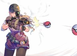 Rule 34 | 10s, 1girl, ^^^, aiming, ammunition, bad id, bad twitter id, baseball cap, belt, belt pouch, black gloves, brown leggings, cowboy shot, creatures (company), daito, dress, female protagonist (pokemon go), fingerless gloves, firing, game freak, gloves, green hat, grenade launcher, gun, hair between eyes, hat, holding, holding gun, holding weapon, leggings, long hair, milkor mgl, motion lines, nintendo, original, pantyhose, poke ball, poke ball (basic), pokemon, pokemon go, ponytail, pouch, purple eyes, red dress, revolver grenade launcher, short sleeves, simple background, solo, weapon, white background