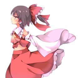 Rule 34 | 1girl, arms behind back, ascot, black hair, bow, commentary, cowboy shot, cycloneyukari, detached sleeves, expressionless, from side, hair bow, hair tubes, hakurei reimu, looking to the side, midriff peek, navel, petticoat, ponytail, profile, red eyes, red skirt, red vest, short hair, sidelocks, simple background, skirt, sleeves past fingers, sleeves past wrists, solo, standing, touhou, vest, white background, wind, wind lift, yellow ascot