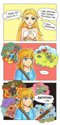 Rule 34 | ..., 1boy, 1girl, 3koma, :d, :|, bare shoulders, beam, bear, bird, blonde hair, blue eyes, blue tunic, blush, bokoblin, bracelet, chicken, clenched teeth, closed mouth, club (weapon), collarbone, comic, commentary, english commentary, english text, explosion, falling, fire, food, fruit, gerudo set (zelda), grass, great fairy (zelda), great fairy mija, green eyes, guardian (zelda), hands on own chest, highres, hill, holding, holding food, holding fruit, jewelry, jumping, link, log, long hair, necklace, nervous sweating, nintendo, norue, open mouth, pointy ears, princess zelda, riding, rock, short ponytail, simple background, smile, sparkle, speech bubble, sweat, sweatdrop, teeth, the legend of zelda, the legend of zelda: breath of the wild, thought bubble, torch, tripping, tunic, watermelon, weapon