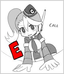 Rule 34 | 1girl, alternate costume, breasts, call (mighty no. 9), call e, dress, fringe trim, garrison cap, hat, headset, jadf, long hair, mighty no. 9, monochrome, necktie, short dress, side ponytail, solo