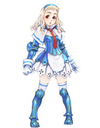 Rule 34 | 1girl, armor, armored boots, blonde hair, blue footwear, blush, boots, capelet, dress, female focus, full body, gloves, hairband, long hair, necktie, pigeon-toed, red eyes, short dress, simple background, solo, standing, thighhighs, wavy hair, weno, white background, white gloves, white thighhighs, zettai ryouiki