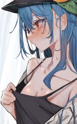 Rule 34 | 1girl, bare shoulders, black camisole, black shirt, blue hair, blush, breasts, camisole, cleavage, close-up, collarbone, dripping, highres, hinanawi tenshi, long hair, looking ahead, medium breasts, profile, red eyes, shirt, small breasts, solo, spaghetti strap, sweat, touhou, tsune (tune), upper body, white shirt