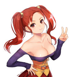 Rule 34 | 1girl, bare shoulders, belt, belt buckle, breasts, buckle, cleavage, closed mouth, collarbone, corset, dragon quest, dragon quest viii, hand on own hip, jessica albert, kz ripo, large breasts, long hair, long sleeves, looking at viewer, no bra, off-shoulder shirt, off shoulder, orange belt, purple shirt, red eyes, red hair, shirt, simple background, sleeves past wrists, smile, solo, twintails, twitter username, upper body, v, white background