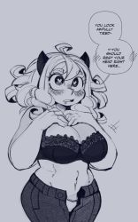 Rule 34 | 1girl, ahoge, blush, bra, commentary, curvy, demon girl, demon horns, denim, english commentary, english text, hand on own chest, heart, heart-shaped eyes, helltaker, highres, horns, ink (ink01 ), jeans, long hair, modeus (helltaker), monochrome, panties, pants, saliva, sketch, speech bubble, thick thighs, thighs, unbuttoned, underwear, white hair, white panties