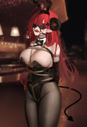 Rule 34 | 1girl, absurdres, animal ears, arms behind back, awaji, azur lane, ball gag, bdsm, black horns, black leotard, black pantyhose, blindfold, blurry, blurry background, bondage, bound, bound arms, breasts, chinese commentary, cleavage, cowboy shot, crotch rope, curled horns, demon girl, demon horns, demon tail, fake animal ears, fine fabric emphasis, gag, gag harness, gagged, hair ornament, harness gag, highres, hindenburg (azur lane), hindenburg (delirious duel) (azur lane), horns, indoors, lamp, large breasts, leotard, long hair, looking at viewer, monoglove, official alternate costume, pantyhose, playboy bunny, rabbit ears, red hair, restrained, shibari, shibari over clothes, solo, standing, strapless, strapless leotard, tail, undersized breast cup, very long hair, wiffle gag