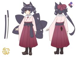 Rule 34 | 1girl, animal ear fluff, animal ears, black hair, blush, boots, bow, brown footwear, closed mouth, color guide, commentary request, cross-laced footwear, fox ears, fox girl, fox tail, hair bow, hair rings, hakama, hakama skirt, highres, japanese clothes, katana, kimono, kitsune, kuro kosyou, lace-up boots, long hair, long sleeves, looking at viewer, multiple views, original, pink kimono, purple eyes, red bow, red hakama, short eyebrows, sidelocks, skirt, sleeves past wrists, standing, sword, tail, thick eyebrows, turnaround, unsheathed, very long hair, weapon, wide sleeves