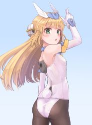 Rule 34 | 10s, 1girl, arm up, ass, bare shoulders, baselard, black pantyhose, blonde hair, blue background, blush, commentary request, cowboy shot, elbow gloves, frame arms girl, from behind, gloves, green eyes, headgear, highres, konnyaku (kk-monmon), leotard, long hair, looking at viewer, looking back, mecha musume, open mouth, pantyhose, rabbit tail, simple background, solo, standing, tail, white gloves, white leotard