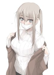 Rule 34 | 1girl, alternate costume, blonde hair, blush, breasts, brown coat, coat, female focus, graf zeppelin (kancolle), grey eyes, hair between eyes, highres, kantai collection, large breasts, long hair, mask, mouth mask, ribbed sweater, sidelocks, simple background, solo, standing, sweater, tearing up, twintails, upper body, white background, white sweater, zekkyon