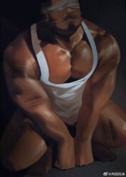 Rule 34 | 1boy, bara, beard, blindfold, blue male underwear, dark-skinned male, dark skin, facial hair, from above, hands on floor, highres, kneeling, large pectorals, male focus, male underwear, muscular, muscular male, nipples, no pants, original, pectoral cleavage, pectorals, rouyuan shiqi (ro seventeen), short hair, solo, tank top, thick thighs, thighs, topless male, underwear, white tank top