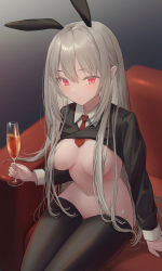 Rule 34 | 1girl, albino, animal ears, arm support, black thighhighs, breasts, breasts apart, censored, champagne flute, cup, detached collar, drinking glass, extra ears, fake animal ears, hair between eyes, hair censor, highres, holding, holding cup, jfjf, latex, latex legwear, light blush, light smile, long hair, long sleeves, looking at viewer, meme attire, navel, necktie, nude, original, pink eyes, rabbit ears, red necktie, revealing clothes, reverse bunnysuit, reverse outfit, shrug (clothing), silver hair, sitting, sleeve cuffs, solo, stomach, thighhighs, wing collar