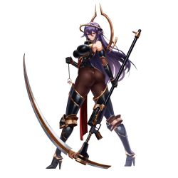Rule 34 | 1girl, ass, boots, breasts, elbow gloves, from behind, full body, game cg, gloves, hair between eyes, highres, holding, holding scythe, holding weapon, large breasts, last origin, looking at viewer, looking back, official art, one (dnjsaos86), pelvic curtain, purple hair, red eyes, scythe, solo, tachi-e, thigh boots, thighhighs, transparent background, veronica type-asc, weapon
