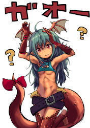 Rule 34 | 1girl, belt, belt skirt, blue hair, bottomless, bow, breasts, cleavage, collar, crop top, dragon girl, dragon tail, fang, female focus, groin, halterneck, head wings, highres, long hair, monster girl, navel, pointy ears, simple background, solo, standing, tail, tail bow, tail ornament, tenteco (covamin), underboob, white background, wings