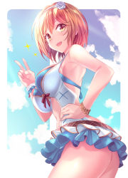 Rule 34 | 10s, 1girl, :d, ass, bare arms, blonde hair, blue sky, bob cut, bracelet, breasts, cloud, commentary request, day, djeeta (granblue fantasy), djeeta (summer) (granblue fantasy), flower, from side, granblue fantasy, hair flower, hair ornament, hairband, hand on own hip, haruka natsuki, jewelry, looking at viewer, medium breasts, open mouth, short hair, sky, smile, solo, sparkle, swimsuit, teeth, v, yellow eyes