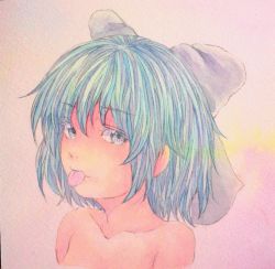 Rule 34 | 1girl, :p, bare shoulders, blue eyes, blue hair, bow, cirno, collarbone, female focus, hair bow, highres, looking at viewer, matching hair/eyes, painting (medium), pink background, portrait, short hair, solo, tongue, tongue out, touhou, traditional media, watercolor (medium), yuyu (00365676)