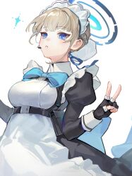 Rule 34 | 1girl, absurdres, apron, black gloves, black shirt, blonde hair, blue archive, blue bow, blue bowtie, blue eyes, blue hair, blue ribbon, bow, bowtie, braid, bun cover, chest harness, earpiece, fingerless gloves, french braid, gloves, hair bun, hair ribbon, harness, highres, ichisaku, juliet sleeves, long skirt, long sleeves, maid, maid headdress, multicolored hair, parted lips, puffy sleeves, ribbon, shirt, short hair, single hair bun, skirt, solo, streaked hair, toki (blue archive), v, white apron