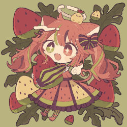 Rule 34 | 1girl, animal, animal ears, animal on head, bird, blush, cat ears, cat girl, cat tail, chibi, commentary, dress, food, food print, fruit, full body, green dress, green eyes, green hair, green pantyhose, halo, heart, heart tail, heterochromia, highres, holding, holding food, holding watermelon, kanato345, leaf, long hair, long sleeves, looking up, multicolored hair, on head, open mouth, original, pantyhose, red dress, red eyes, red footwear, red hair, sleeves past wrists, solo, streaked hair, striped clothes, striped pantyhose, tail, twintails, vertical-striped clothes, vertical-striped pantyhose, watermelon, watermelon print, watermelon slice, wings