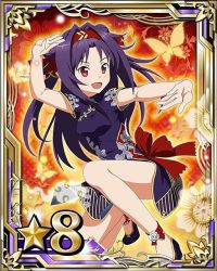 Rule 34 | 10s, 1girl, card (medium), china dress, chinese clothes, dress, long hair, on one knee, open mouth, purple hair, red eyes, red ribbon, ribbon, solo, stance, star (symbol), sword art online, yuuki (sao)