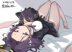 Rule 34 | &gt;:), 10s, 1girl, 2014, bare legs, barefoot, character doll, dated, hugging doll, eyepatch, halo, headgear, kantai collection, looking at viewer, lying, mechanical halo, mku, hugging object, on bed, open mouth, purple eyes, purple hair, school uniform, short hair, skirt, solo, tatsuta (kancolle), tenryuu (kancolle), twitter username, v-shaped eyebrows, yellow eyes