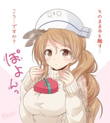 Rule 34 | 1girl, balancing, beige sweater, bouncing breasts, box, breasts, brown eyes, brown hair, commentary request, headdress, heart, highres, kantai collection, littorio (kancolle), long hair, looking at viewer, object on breast, one-hour drawing challenge, ponytail, shizuna kaede, solo, tawawa challenge, translation request, upper body, wavy hair