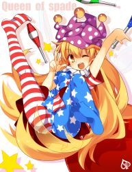 Rule 34 | 1girl, ;d, american flag dress, american flag legwear, blonde hair, blush, breasts, clownpiece, english text, engrish text, fairy wings, feet, hat, jester cap, juggling club, kotomuke fuurin, legs, long hair, looking at viewer, one eye closed, open mouth, pantyhose, ranguage, simple background, small breasts, smile, solo, star (symbol), striped clothes, striped pantyhose, toes, touhou, v, very long hair, wings, yellow eyes