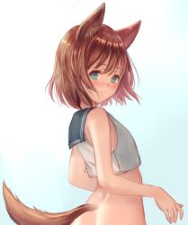 Rule 34 | 1girl, animal ears, ass, bare arms, bare shoulders, blue eyes, blue sailor collar, blush, brown hair, butt crack, closed mouth, eyebrows, fox ears, fox tail, from behind, frown, looking at viewer, looking back, nishizawa, original, out-of-frame censoring, out of frame, sailor collar, shirt, short hair, sleeveless, sleeveless shirt, solo, tail, upper body, white shirt