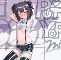 Rule 34 | 1girl, against wall, aoi masami, armpits, arms behind head, belt, black hair, black shorts, black thighhighs, blush, commentary request, crop top, cropped shirt, demon horns, fate/kaleid liner prisma illya, fate (series), feet out of frame, graffiti, hair ornament, hairclip, heart, heart-shaped pupils, horns, latex, latex legwear, latex shorts, leaning back, leaning on object, looking at viewer, midriff, miyu edelfelt, navel, neck ribbon, open mouth, orange eyes, partially unbuttoned, presenting armpit, ribbon, short hair, shorts, sidelocks, skindentation, sleeveless, solo, standing, stomach, suspender shorts, suspenders, sweat, symbol-shaped pupils, thighhighs, twitter username, white belt, wing collar