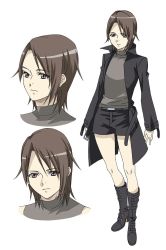 Rule 34 | amano yo-ki, androgynous, black coat, black footwear, black shorts, boots, brown eyes, brown hair, character sheet, coat, commentary request, expressionless, eyes visible through hair, gender request, original, shorts, sleeveless, solo, turtleneck