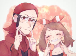 Rule 34 | 1boy, 1girl, blush, bow hairband, brown hair, closed eyes, closed mouth, collarbone, commentary request, creatures (company), eyelashes, game freak, glasses, grin, hairband, hands up, highres, hime (himetya105), index fingers raised, long hair, maxie (pokemon), may (pokemon), medium hair, nintendo, pokemon, pokemon oras, red eyes, red hair, red hairband, red sweater, ribbed sweater, shirt, sleeveless, sleeveless shirt, smile, star (symbol), sweater, teeth
