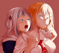 Rule 34 | &gt;:0, 2girls, absurdres, bite mark, biting, blonde hair, blue eyes, blue hair, blue hoodie, blue nails, blush, breasts, clothes pull, collarbone, collared shirt, female focus, gawr gura, gygerbeen rtl06, hair ornament, hand on another&#039;s face, highres, hololive, hololive english, hood, hoodie, large breasts, multicolored hair, multiple girls, nail polish, necktie, nervous, open mouth, orange background, red background, saliva, saliva trail, sharp teeth, shirt, shirt pull, short hair, simple background, sweatdrop, teeth, tongue, two-tone hair, two side up, virtual youtuber, watson amelia, white hair