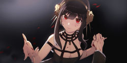 Rule 34 | 1girl, absurdres, bad id, bad pixiv id, bare shoulders, black background, black dress, blood, blood on breasts, blood on face, blood on hands, breasts, choker, cleavage, closed mouth, dress, flower, hair flower, hair ornament, hairband, highres, holding hands, large breasts, long sleeves, looking at viewer, red eyes, simple background, sleeveless, sleeveless dress, smile, solo, spy x family, yor briar, zihuhu