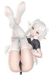 Rule 34 | 1girl, absurdres, breasts, cameltoe, earrings, elf, frieren, full body, green eyes, highres, jewelry, leaning back, legs up, long hair, medium breasts, parted lips, pelvic curtain, pointy ears, short eyebrows, shrug (clothing), simple background, sitting, soles, solo, sousou no frieren, thighhighs, thighs, too (totoo), twintails, very long hair, white background, white hair, white thighhighs, wing collar