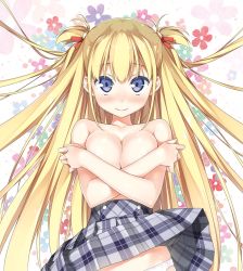 Rule 34 | 1girl, alice third macy, bare shoulders, black skirt, blonde hair, blue eyes, blush, breast hold, breasts, breasts squeezed together, cleavage, closed mouth, clothes lift, collarbone, covering privates, covering breasts, eyelashes, floral background, from above, hair ribbon, highres, kantoku, koi suru kanojo no bukiyou na butai, large breasts, long hair, looking at viewer, lying, miniskirt, official art, on back, panties, plaid, plaid skirt, pleated skirt, red ribbon, ribbon, skirt, skirt lift, smile, solo, topless, two side up, underwear, white panties