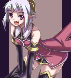 Rule 34 | 1girl, akiyasu, elbow gloves, fang, gloves, leaning forward, open mouth, original, pointy ears, purple eyes, simple background, smile, solo, thighhighs
