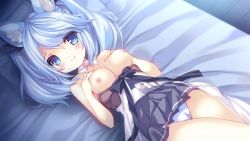 Rule 34 | 1girl, animal ear fluff, animal ears, bed, belt, black bow, black ribbon, blue eyes, blue hair, blush, bow, breast suppress, breasts, cat ears, closed mouth, clothes lift, clothes pull, detached collar, dress, dress lift, dress pull, from above, game cg, hair between eyes, hair ribbon, karakara (game), looking at viewer, lucia haynes, lying, medium breasts, nipples, official art, on back, on bed, p19, panties, pillow, pleated dress, ribbon, smile, solo, swept bangs, twintails, underwear, white panties, wing collar, wooden floor