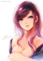 Rule 34 | 1991 (blz), 1girl, breasts, cleavage, collarbone, covering privates, covering breasts, highres, lips, looking at viewer, off shoulder, original, parted lips, pink eyes, purple hair, sidelocks, signature, simple background, solo, teeth, upper body, watermark, web address, white background